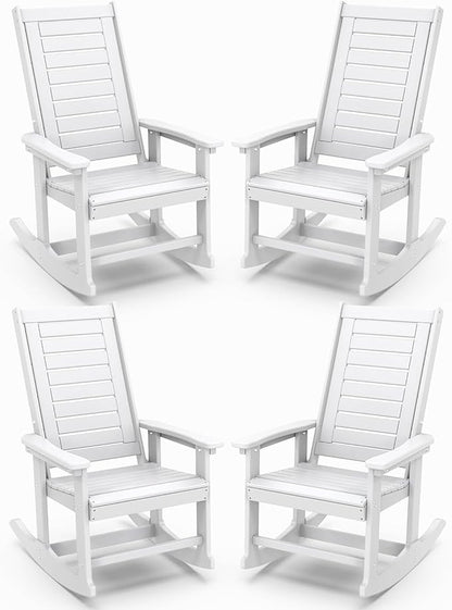 IVY&LANE Outdoor Rocking Chairs Set of 4 | Porch-Rockers | White | HDPE Plastic | All-Weather | High Back | Wide Seat | Oversized Patio Rocker for Adult | for Outside Deck Balcony Garden