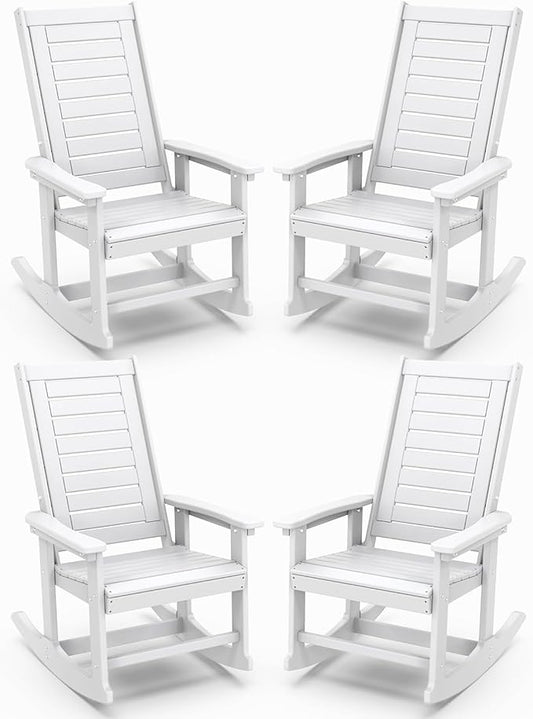 IVY&LANE Outdoor Rocking Chairs Set of 4 | Porch-Rockers | White | HDPE Plastic | All-Weather | High Back | Wide Seat | Oversized Patio Rocker for Adult | for Outside Deck Balcony Garden