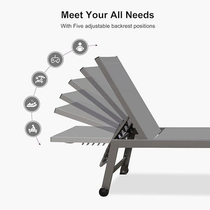 PURPLE LEAF Patio Chaise Lounge Set for 4 Outdoor Chaise Lounge Chair with Aluminum Frame and Easy-to-Move Wheels Pool Lounge Chairs for Deck Yard Poolside Table Included, Light Grey