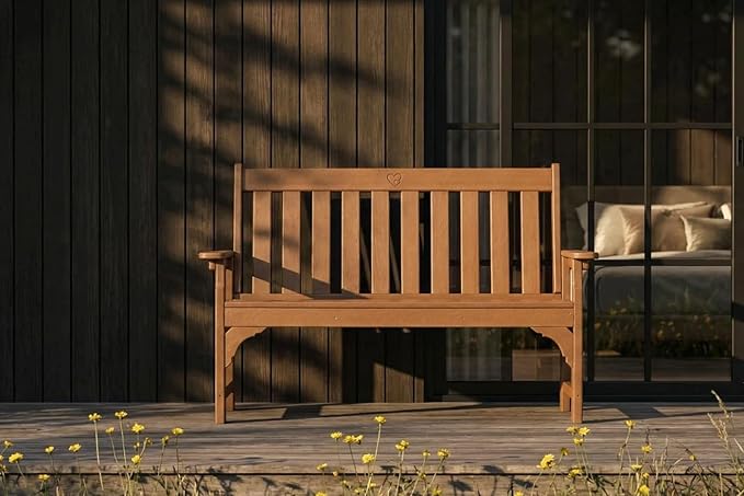 HDPE Garden Bench, All Weather 2-Person Outdoor Benches, Rust Free & Fade Resistant Patio Benches for Garden, Porch, Backyard, Deck, Lawn, Balcony, Poolside (Teak, 1 Beach)