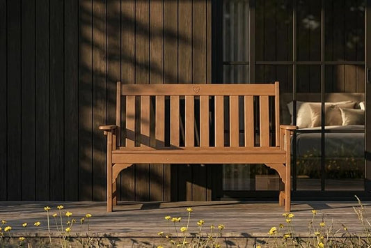 HDPE Garden Bench, All Weather 2-Person Outdoor Benches, Rust Free & Fade Resistant Patio Benches for Garden, Porch, Backyard, Deck, Lawn, Balcony, Poolside (Teak, 1 Beach)
