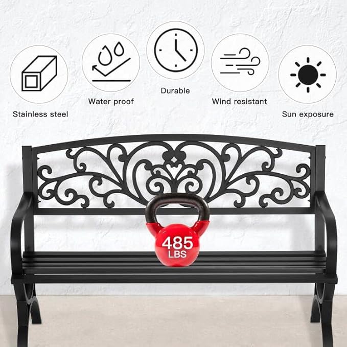 50" Black Metal Garden Bench - 2-Person Outdoor Loveseat with Floral Design, 485 lbs Capacity for Patio, Porch & Yard