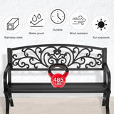 Patio Garden Bench 50 inch Outdoor Metal Loveseat Chairs with Armrests Slatted Seat and w/Floral Design Backrest for - Photo 4