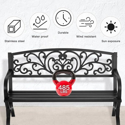Patio Garden Bench 50 inch Outdoor Metal Loveseat Chairs with Armrests Slatted Seat and w/Floral Design Backrest for Park, Yard, Porch, Lawn, Balcony, Backyard, Black