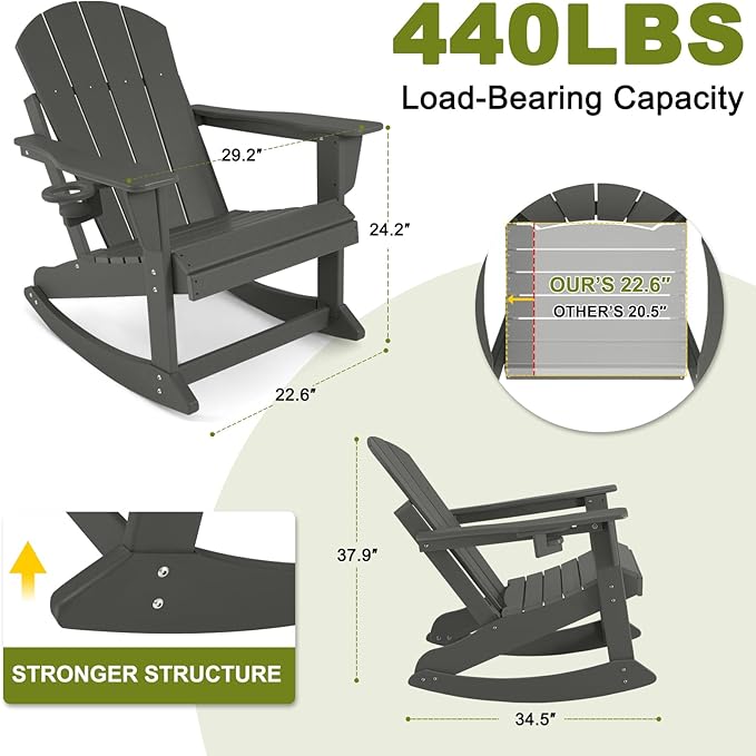 Outdoor Rocking Chair Set of 4, HDPE Poly All-Weather Patio Rocking Chairs with Cup Holder for Adults, Porch Rocker for Deck Patio Balcony, 440lbs, Dark Gray
