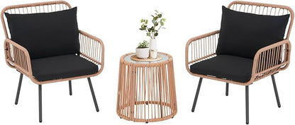 Verano Garden 3 Pieces Patio Bistro Sets, Outdoor Wicker Balcony Furniture Sets,Patio Rattan Furniture Set with Round Glass Table for Porch,Lawn,Garden,Backyard (Black, 3 PCS Set)