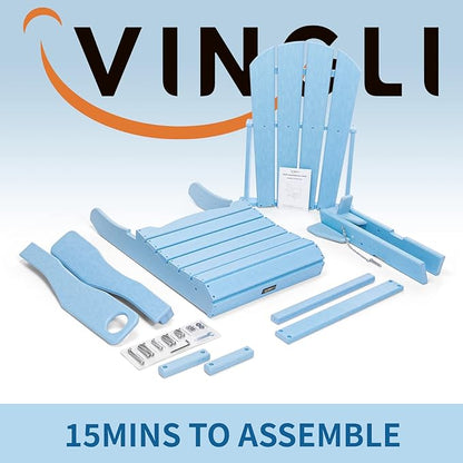 VINGLI Plastic Folding Adirondack Chair with Cup Holder, 100% Recyclable Waterproof HDPE Material, Comfortable 380lb Weight Capacity for Outdoor Pool Patio Lounge Chair Lawn Furniture Firepit (Blue)