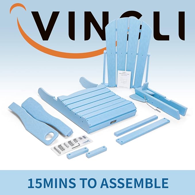 VINGLI Plastic Adirondack Chairs Set of 2 with Table, Folding with Cup Holder, Waterproof HDPE Material, 380lb Weight Capacity for Outdoor Pool Patio Lounge Chair Lawn Furniture Firepit (Blue)