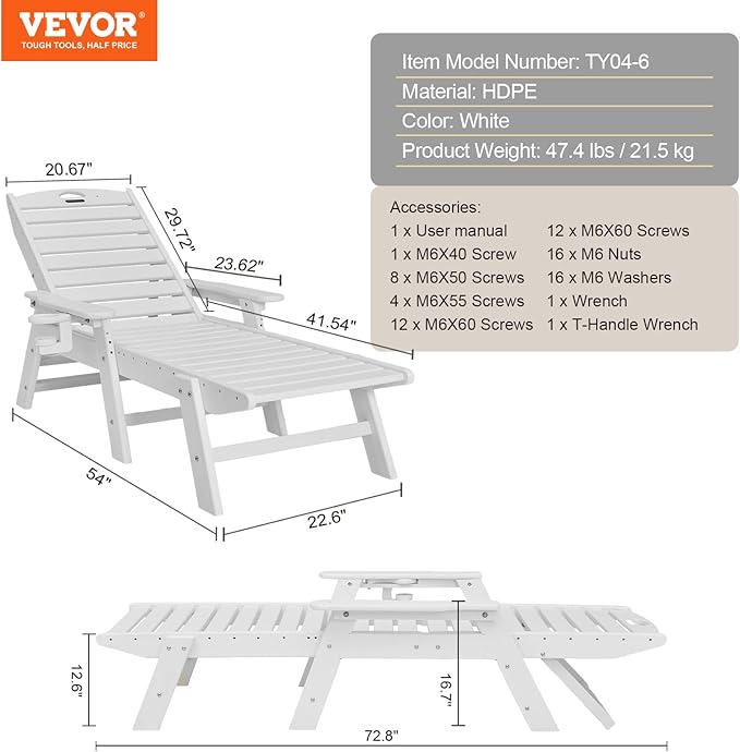 VEVOR Chaise Lounge Chair, 400 lbs Weight Capacity, 6 Positions Adjustable Patio Lounge Chair, Outdoor HDPE Lounge Chair with Backrest & Cup Holder, for Pool Poolside Deck Backyard Lawn, White