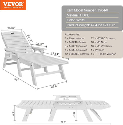VEVOR Chaise Lounge Chair, 400 lbs Weight Capacity, 6 Positions Adjustable Patio Lounge Chair, Outdoor HDPE Lounge Chair with Backrest & Cup Holder, for Pool Poolside Deck Backyard Lawn, White