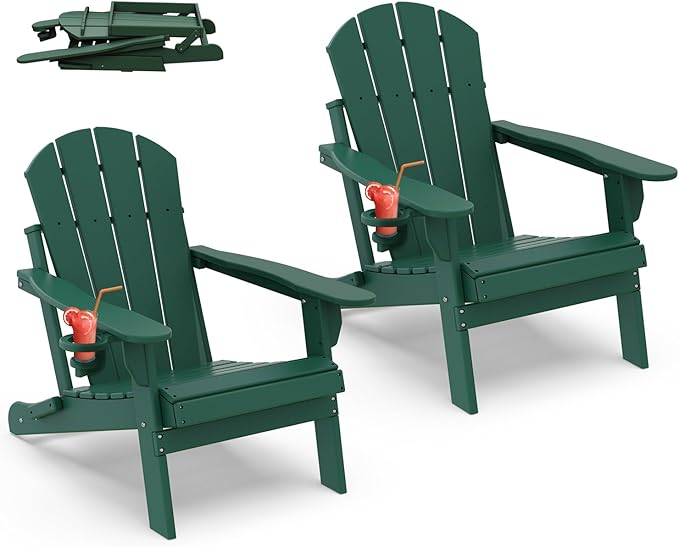 IVY&LANE Folding-Adirondack-Chairs-Set-of-2 | HDPE Plastic | Outdoor Fire Pit Chair with Cup Holder | Forest Green | Poly | Weather Resistant | for Patio Deck Poolside Garden Beach