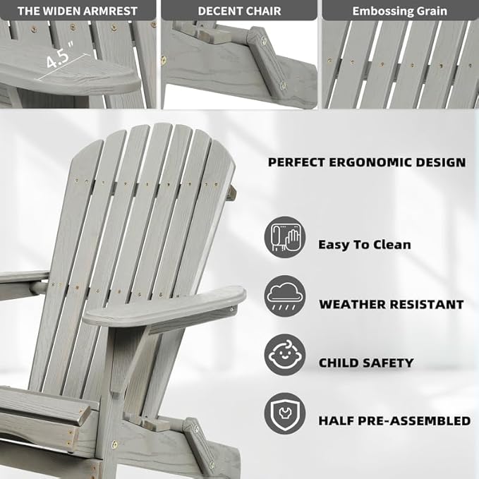 Premium Folding Adirondack Chairs Set of 2 - Solid Cedar Wood Outdoor Lounge Chairs with Embossed Wood Grain, Weather Resistant Patio Furniture for Garden, Poolside, Fire Pit & Backyard