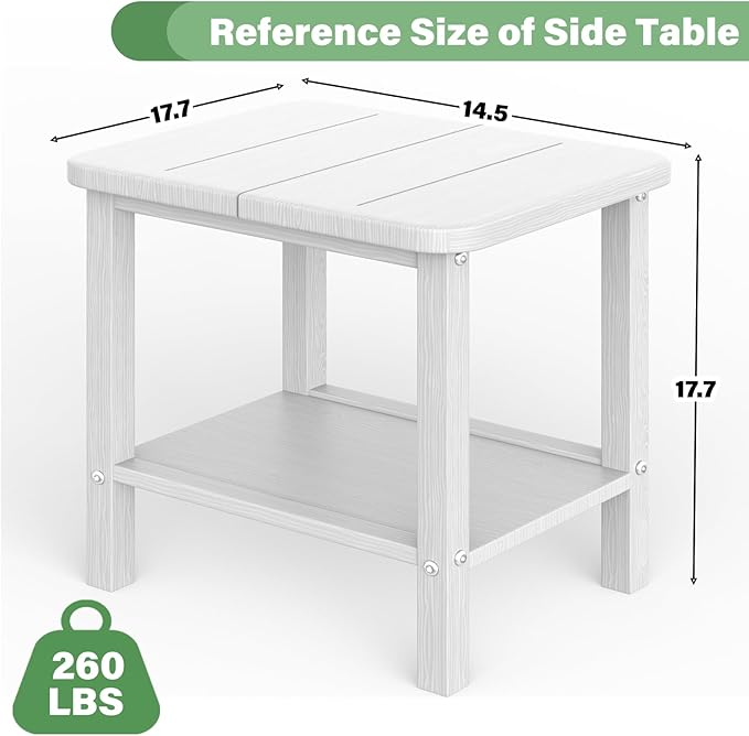 Patio Side Table, Small Rectangular HDPE Adirondack End Table for Outdoor Use in Pool, Garden, Lawn, Backyard,White
