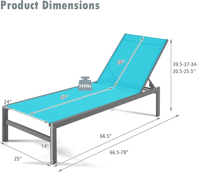 Giantex Patio Chaise Lounge Chair, Outdoor Sunbathing Chair Lawn Reclining Lounger with 6 Adjustable Position, Aluminium Frame, Outside Tanning Chairs for Deck,Yard, Pool Lounge Chairs (2, Turquoise)