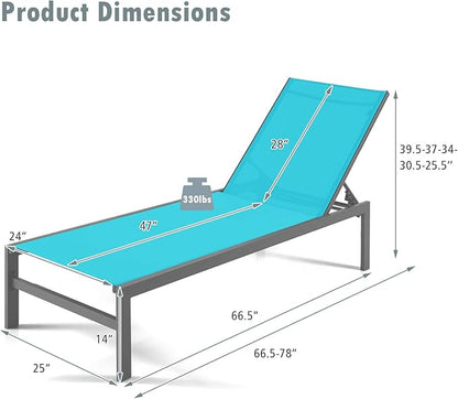 Giantex Patio Chaise Lounge Chair, Outdoor Sunbathing Chair Lawn Reclining Lounger with 6 Adjustable Position, Aluminium Frame, Outside Tanning Chairs for Deck,Yard, Pool Lounge Chairs (2, Turquoise)