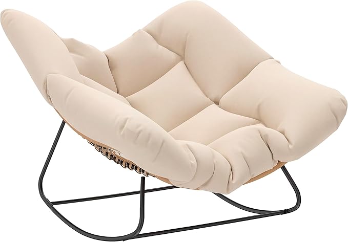 Outsunny Papasan Rocking Chair, Wicker Oversized Indoor Outdoor Rocking Chair with Cushion, PE Rattan Padded Outdoor Rocker Egg Chairs for Living Room, Garden, Patio, Balcony, Cream White