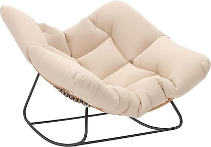 Outsunny Papasan Rocking Chair, Wicker Oversized Indoor Outdoor Rocking Chair with Cushion, PE Rattan Padded Outdoor Rocker Egg Chairs for Living Room, Garden, Patio, Balcony, Cream White