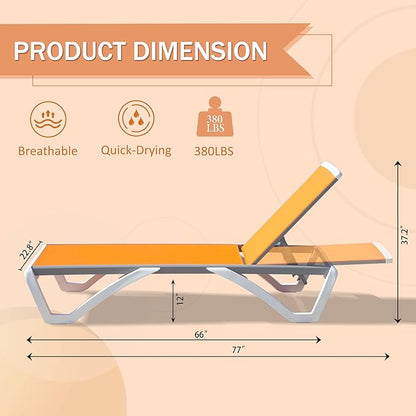 Domi Outdoor Lounge Chair, Aluminum Lounge Chair for Outside with 5 Position Adjustable Backrest, Outdoor Chaise Lounge for Beach, Yard, Balcony, Poolside(1 Orange Chair W/O Table)