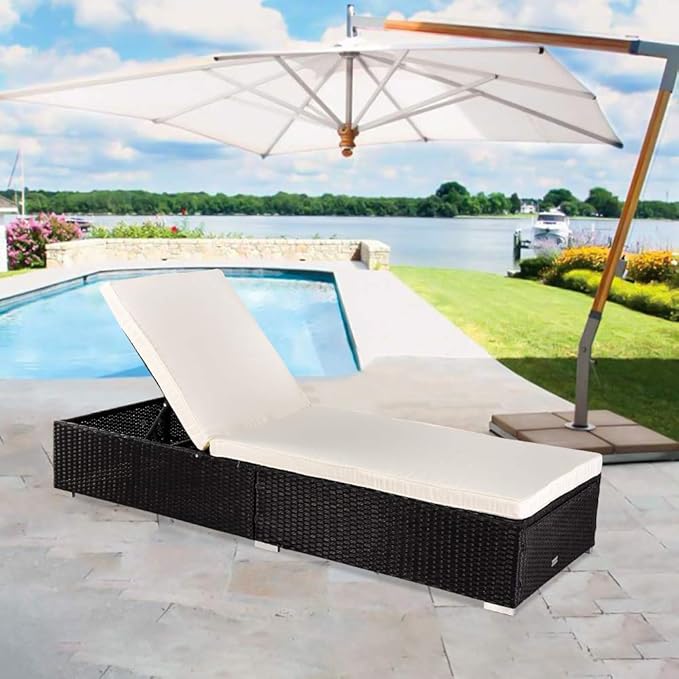 VINGLI Adjustable Wicker Patio Chaise Lounge Outdoor, Rattan Outdoor Lounge Chair, All Weather Patio Chaise Lounge with Adjustable Backrest and Soft Cushions Wicker Daybed (Black)