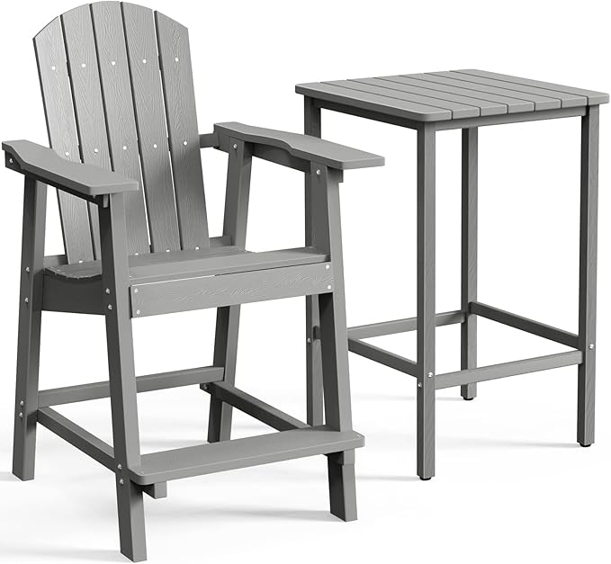 DWVO 25" Tall Adirondack Chair, Poly Bar Height Balcony Chairs, Weather-Durable Outdoor Barstool Lifeguard Chair for Deck Pool Patio and Porch, Gray