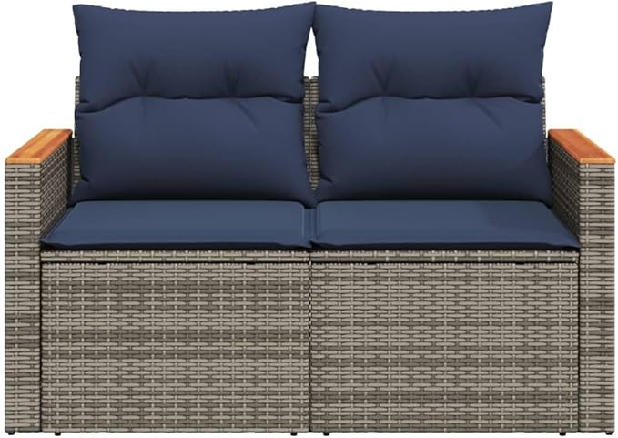 2-Seater Patio Sofa with Foldable Side Table, Outdoor Loveseat Garden Bench with Acacia Wood Accents, Gray PE Rattan Furniture with Navy Blue Cushions