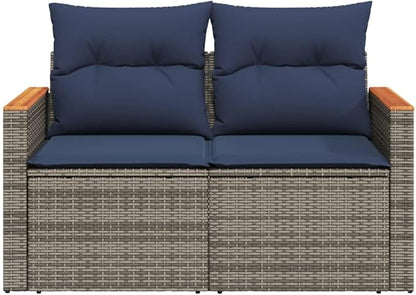 2-Seater Patio Sofa with Foldable Side Table, Outdoor Loveseat Garden Bench with Acacia Wood Accents, Gray PE Rattan Furniture with Navy Blue Cushions