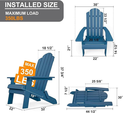 MXIMU Folding Adirondack Chair Set of 6 Weather Resistant Fire Pit Chairs Easy Assemble HIPS Plastic Outdoor Modern Adirondack Chairs for Patio, Lawn, Garden, Backyard, Deck(Navy)