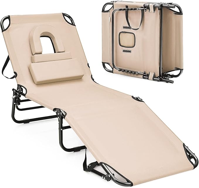 HAPPYGRILL Foldable Chaise Lounge Chair with Face Hole & Detachable Pillows, Portable Sunbathing Tanning Chair with 5 Adjustable Positions, Outdoor & Indoor Beach Recliner for Beach Camping Patio