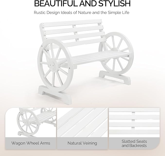 VINGLI 41" Rustic Wooden Wheel Bench Outdoor Bench, 2-Person Patio Bench Wagon Slatted Seat, Garden Benches for Outdoors 350lbs High Capacity, Weather Resistance (White)