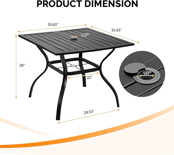 VINGLI 36" Square Patio Table for 4, Metal Outdoor Dining Table with Umbrella Hole - Photo 3