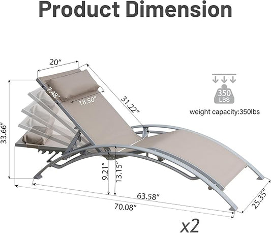Outdoor Chaise Lounge Set of 2, Aluminum Patio Outdoor Lounge Chair for Beach Pool Sunbathing, Lawn Lounger Recliner Chair with 5 Adjustable Position, Outside Tanning Chairs with Armrest, Khaki