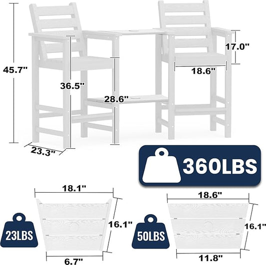 PLUUV Tall Adirondack Chairs Set of 2, All Weather HDPE Poly Bar Height Balcony Adirondack Chair with Removable Double Connecting Trays, Outdoor Adirondack Barstools for Deck, Patio, Yard, Pool, Lawn
