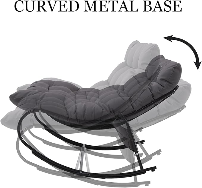 2 Piece Outdoor Rocking Chairs with Ottoman, Patio Oversized Rocking Egg Chair with Cushion, Papasan Chair Set of 2 for Outside, Outdoor Padded Chairs, Grey