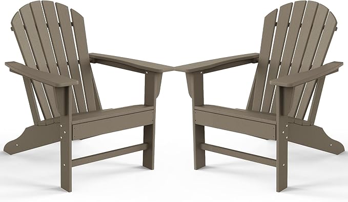Farmhouse Adirondack Chair Set of 2, Poly Lumber Patio Chairs, Pre-Assembled Weather Resistant Outdoor Chairs for Pool, Deck, Backyard, Garden, Fire Pit Seating, Weather Wood