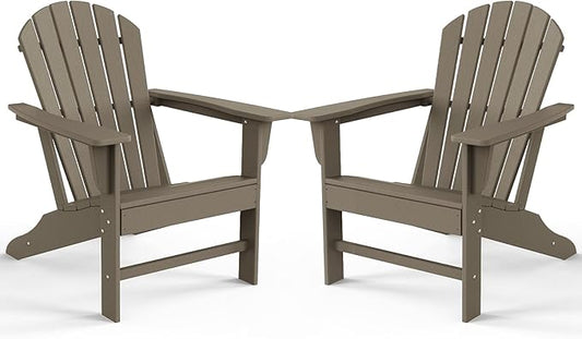 Farmhouse Adirondack Chair Set of 2, Poly Lumber Patio Chairs, Pre-Assembled Weather Resistant Outdoor Chairs for Pool, Deck, Backyard, Garden, Fire Pit Seating, Weather Wood