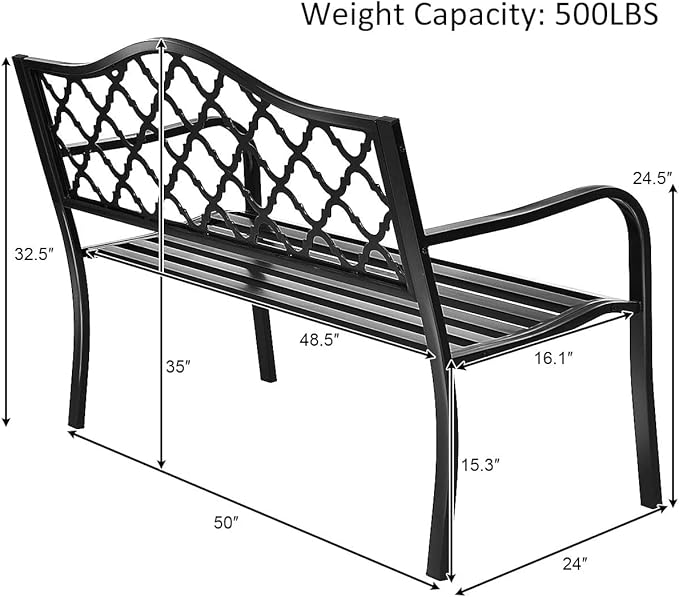 Tangkula Outdoor Steel Garden Bench, Patio Park Bench w/Iron Casted Seat, Armrest & Backrest, Outdoor Welcome Bench Chair Furniture Suitable for Garden Patio Yard