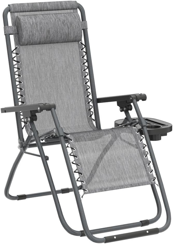 PayLessHere Set of 2 Folding Lounge Chair Adjustable Zero Gravity Chair Beach Chair Textilene Lawn Patio Chair with Removable Pillow and Cup Holder for Poolside Backyard Lawn Beach,Grey