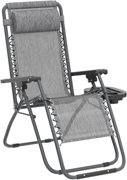 PayLessHere Set of 2 Folding Lounge Chair Adjustable Zero Gravity Chair Beach Chair Textilene Lawn Patio Chair with Removable Pillow and Cup Holder for Poolside Backyard Lawn Beach,Grey