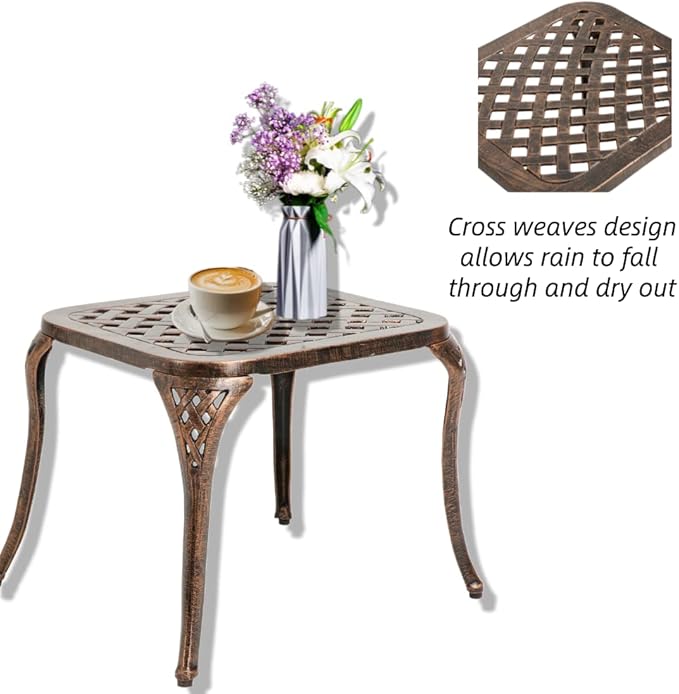 Patio End Metal Table, Outdoor Side Coffee Table Cast Aluminum Furniture for Garden, Poolside (Antique Bronze)