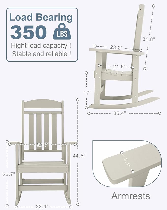 Outdoor Rocking Chairs Set of 4, Oversized High Back Patio Rocking Chairs, All Weather Porch Rocking Chairs for Outside. Sand
