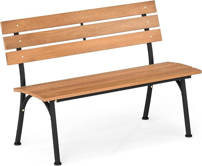 Tangkula Acacia Wood Outdoor Bench with Backrest, Patio Loveseat with Heavy Duty Metal Frame, Slatted Backrest and Seat, Park Bench for Outside Front Porch, Garden and Backyard