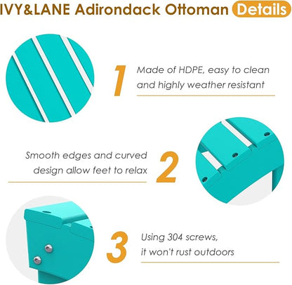 IVY&LANE Outdoor Adirondack Ottoman | Folding | HDPE | Aqua | All Weather | Waterproof Patio Footrest for Adirondack Chair | Poly Lumber Foot Rest for Deck Backyard
