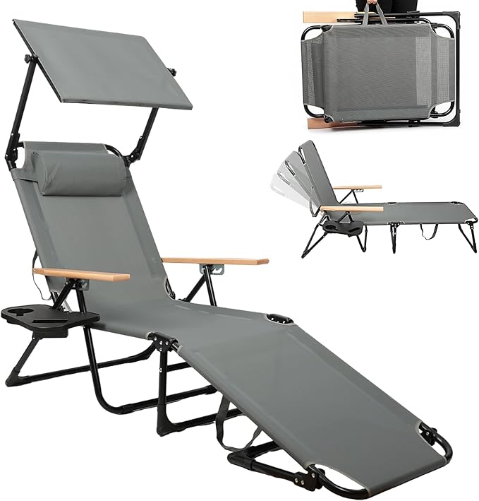 Folding Outdoor Chaise Lounge Chair with 360°Shade, 4 Position Portable Sun Tanning Chair with Headrest, Foldable Beach Lounge Chair with Cup Holders & Wooden Armrests for Patio Pool Lawn (Grey-B)
