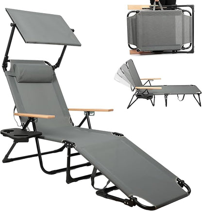 Folding Outdoor Chaise Lounge Chair with 360°Shade, 4 Position Portable Sun Tanning Chair with Headrest, Foldable Beach Lounge Chair with Cup Holders & Wooden Armrests for Patio Pool Lawn (Grey-B)
