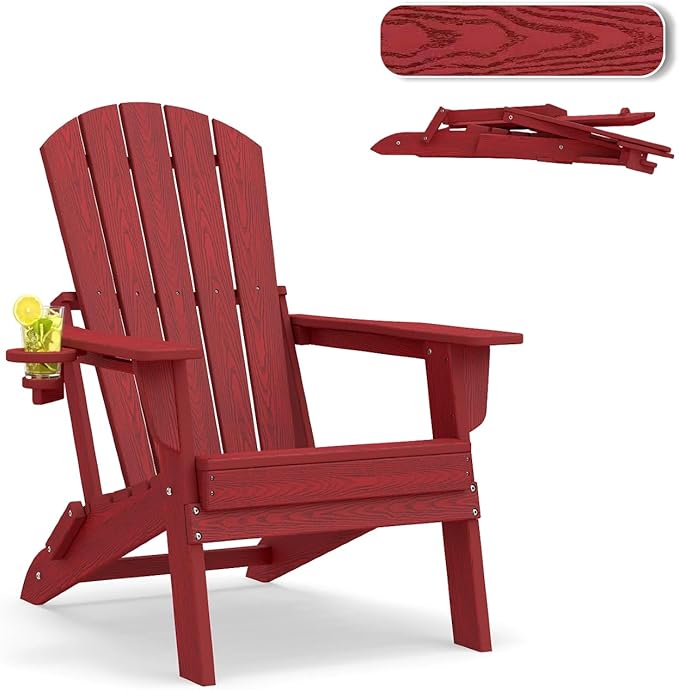 Folding Adirondack Chair，Wooden Textured Fire Pit Chair with Cup Holder, Heavy All-Weather HDPE Plastic Outdoor Patio Chairs for Poolside Backyard Patio Outdoor Garden