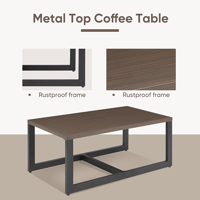 Belord Outdoor Coffee Table for Patio: Metal Heat Transfer Top Patio Coffee Table with Storage, Anti-Rust Frame Rectangular Modern Outdoor Table Furniture (48" W, Brown)