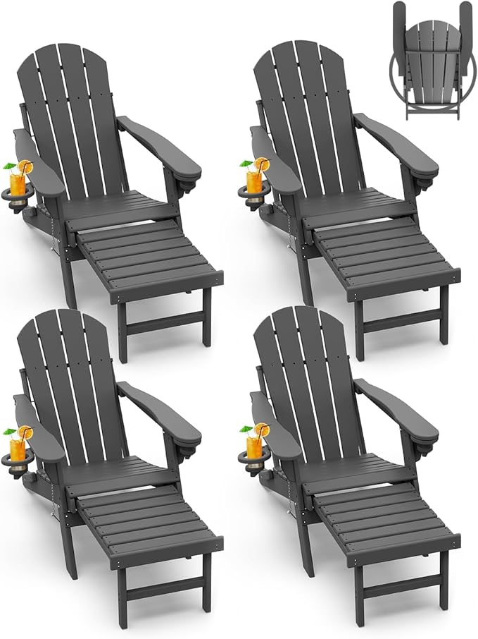 GREENVINES Adirondack-Chairs-with-Ottoman | Set of 4 | Folding | Retractable-Footrest | HDPE Plastic - Photo 1