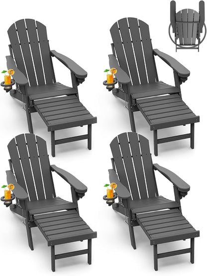 GREENVINES Adirondack-Chairs-with-Ottoman | Set of 4 | Folding | Retractable-Footrest | HDPE Plastic | All Weather Fire Pit Chair | Cup Holders | Grey | for Outdoor Poolside
