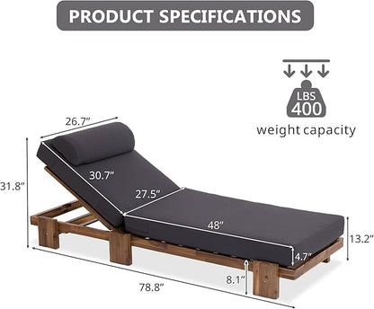 LUMISOL 2-Piece Outdoor Chaise Lounge Chair Set, 78.8” Acacia Wood Adjustable Recliners with Headrest & Retractable Side Tray for Poolside, Garden, Bench, Coffee Table Not Include, Dark Grey