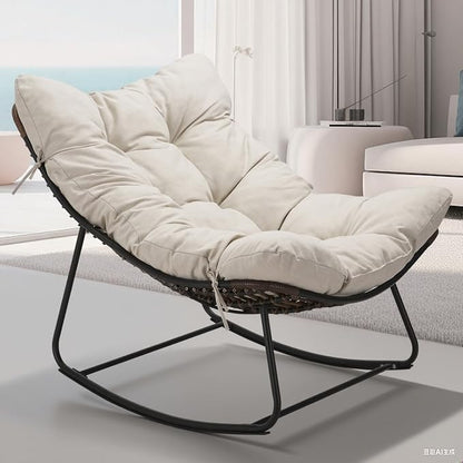 Outdoor Papasan Rocking Chair Oversized Set of 2 - Rocking Chair with Soft Cushion, 30° Rocker Egg Chair for Patio, Front Porch, Backyard, Living Room, Beige